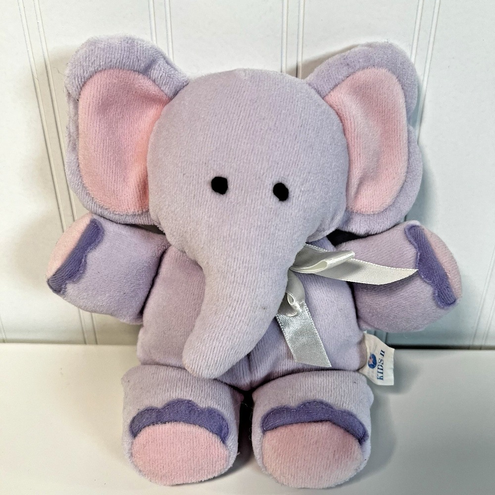 Kids II 2 Purple Elephant Soft Plush Lovey Baby Rattle With Satin Ribbon Vtg